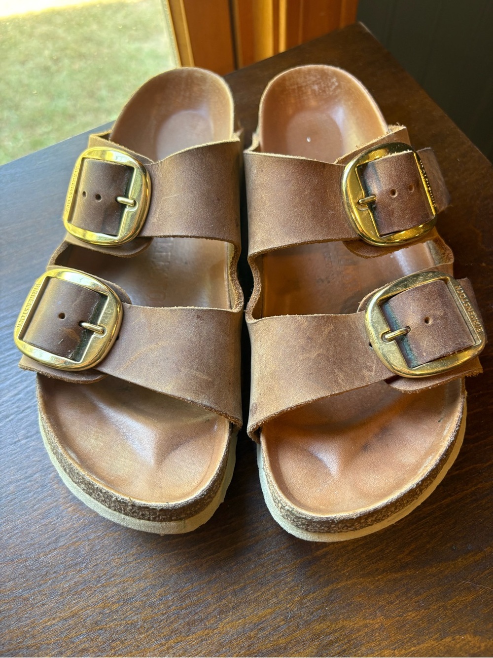 Birkenstock Brown Leather Double-Buckle Sandals with Gold Buckles